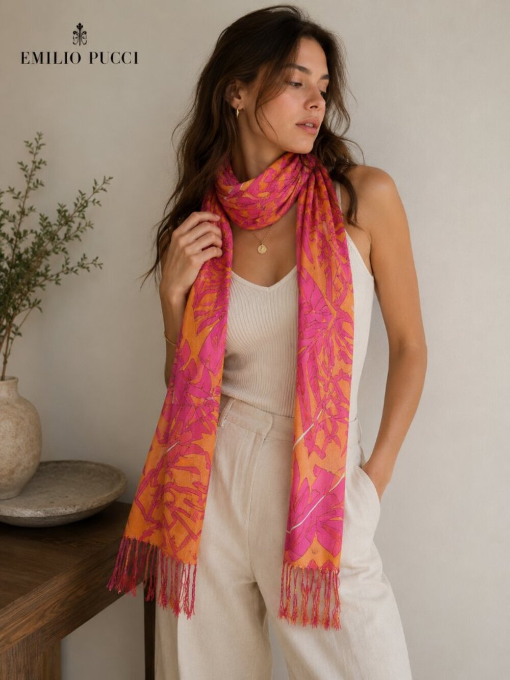Emilio Pucci Orange Pink Silk Fringe Scarf Made in Italy Graphic Print 0735